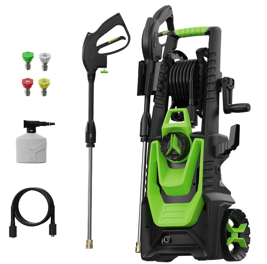 Electric Pressure Washer 1700PSI Power Washer With Hose Reel, Foam Cannon, Green