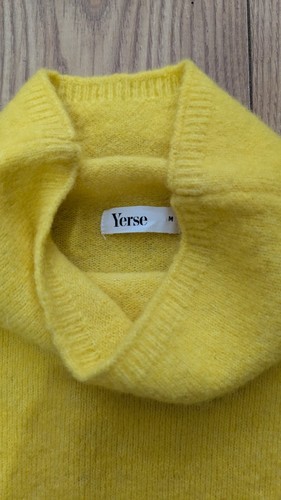 Yerse Tricolour Wool Jumper (M) Striped Lemon Yellow Camel Hair Turtle Neck - Picture 5 of 9