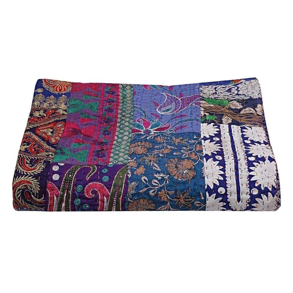 Manta de seda Kantha edredón indio patola bohemia colcha ropa de cama grande Foto 2 de 4