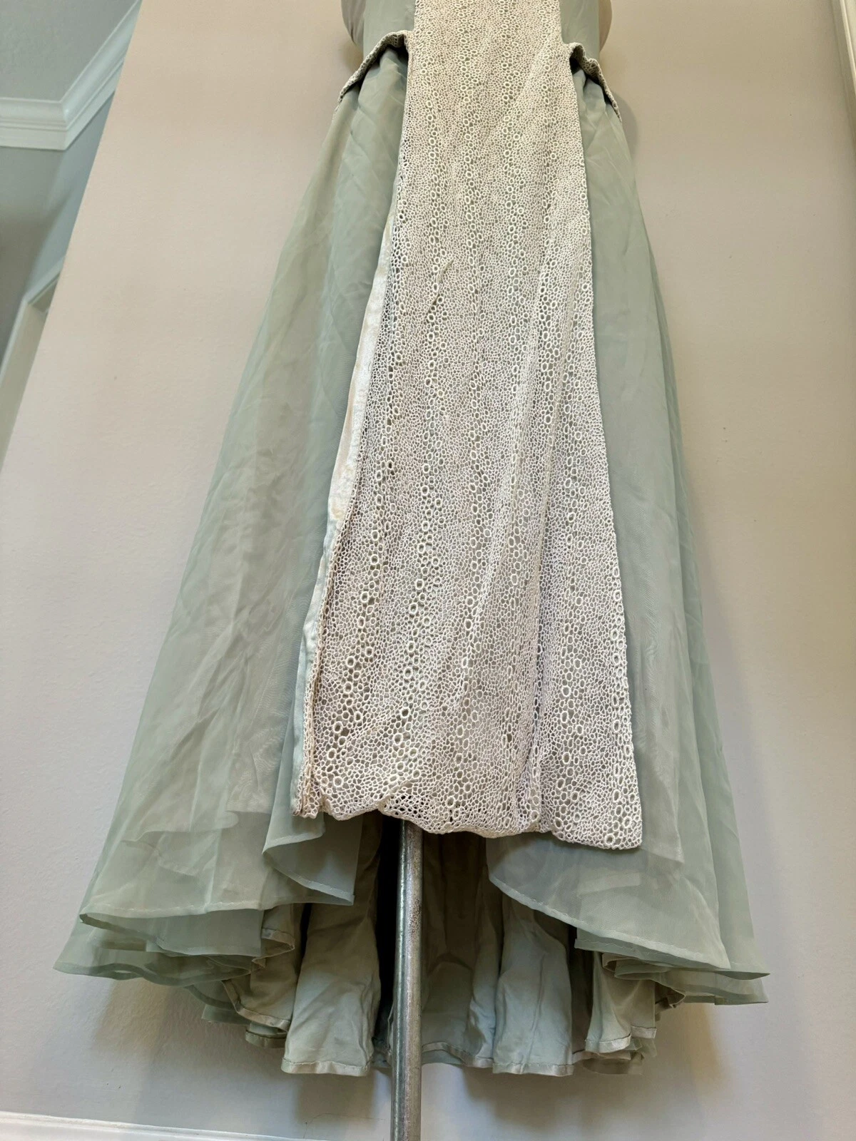 OFF WHITE Abito Midi fatto a mano vintage anni '90 XL cinturino flusso foderato in seta verde chiaro e bianco sporco