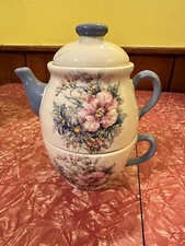 VTG 1998 Hand Made 3 Piece Pink Wildflowers Tea-for-one Set Teapot  Cup