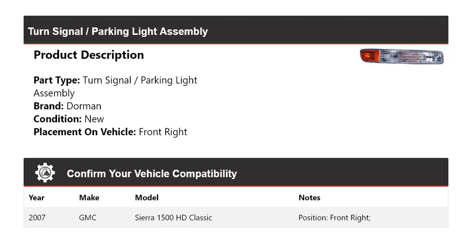 Conjunto de luz de giro/estacionamiento Dorman Classic 2007 GMC Sierra 1500 HD Foto 2 de 4