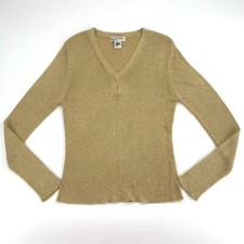 Vintage NE Knitters V-Neck Holiday Sweater Womens Sz M Gold Metallic Glam Party