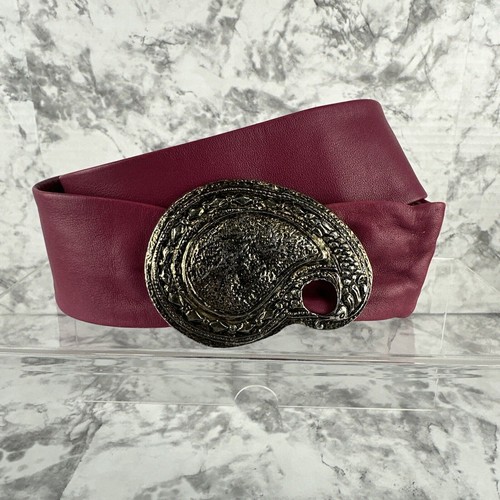 Vintage Women Adjustable Wide Leather Belt With Brass Paisley Clip