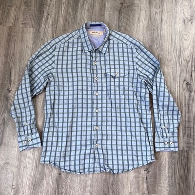 Tommy Bahama Linen blend Shirt Men's L Island Modern Fit blue Plaid cotton
