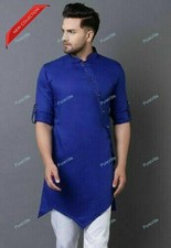 Blue Kurta Mens Traditional Shirt Solid Short Kurta Top Kurta Indian