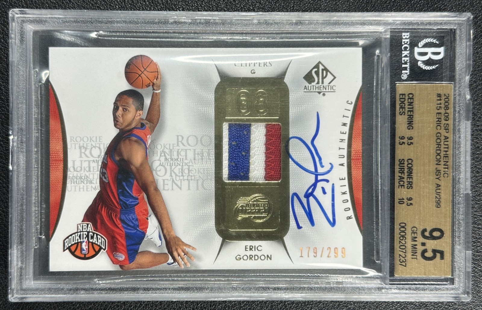 ERIC GORDON BGS 9.5 2008-09 SP AUTHENTIC #115 ROOKIE PATCH AUTO 179/299 CLIPPERS
