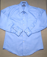 Geoffrey Beene Mens Shirt XL 17 34/35 Fitted Sateen Button Blue Wrinkle Free