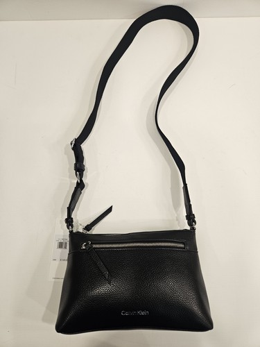 Calvin Klein Crossbody Bag Faux Leather Small CK Bag Solid Black - Picture 19 of 23