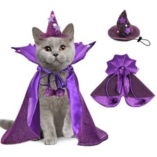 Halloween Cat Dog Costumes Witch Cape Hat Set 2PACK Small, Purple