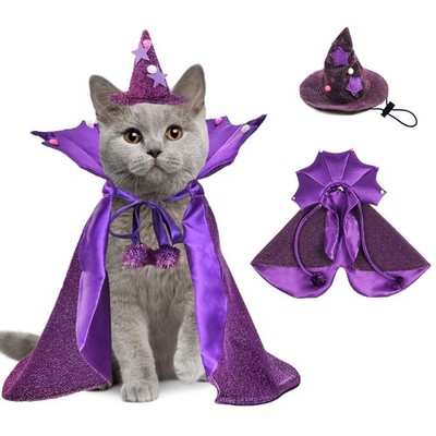 Halloween Cat Dog Costumes Witch Cape Hat Set 2PACK Small, Purple 