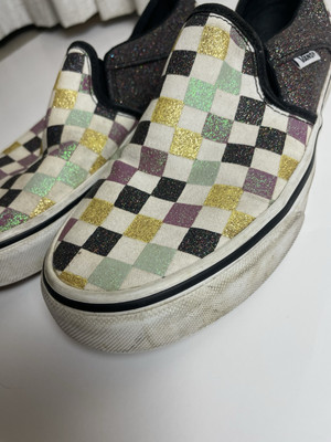 Size 7 Women Vans Slip On Checkerboard-Purple/Yellow/Teal Glitter