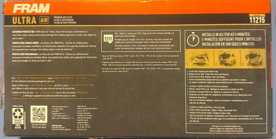 Filtro de ar FRAM 11215 Ultra Premium 40.000 milhas compatível com veículos Nissan - Imagem 3 de 4