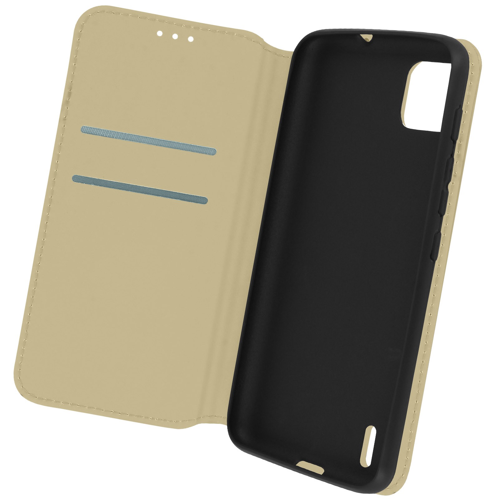 Housse Wiko Y62 Plus dorée avec rangement cartes et support vidéo