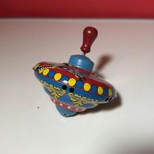 Vintage Ohio Art Metal Spinning Top Wood Handle Litho Tin Toy Zebra Circus 5  