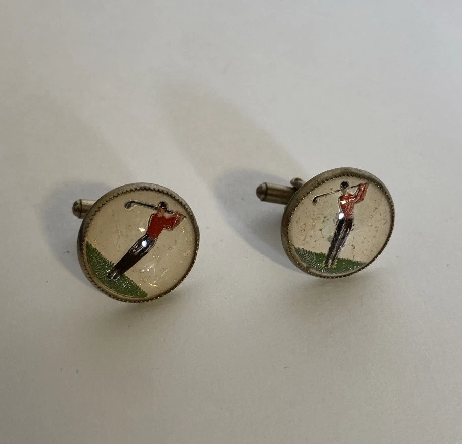 Camisa roja gemelos diseño estudio golfista golfista vidrio pintado al revés vintage RARA Foto 2 de 4