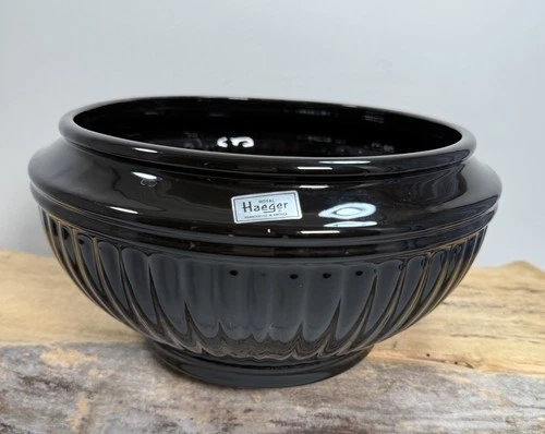Haeger Pottery Large Planter/Bowl Black 1992 Original Stickers Ribbed USA Goth