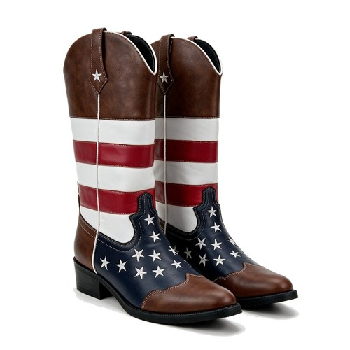 Luxury American USA Flag Cowboy Boots Mens Western PU Leather Stars Texas