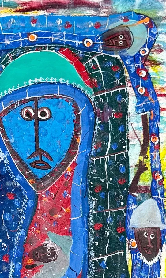 Pintura artística haitiana Maxan Jean Louis "rostros/espíritus" acrílico sobre lienzo - firmada Foto 3 de 4