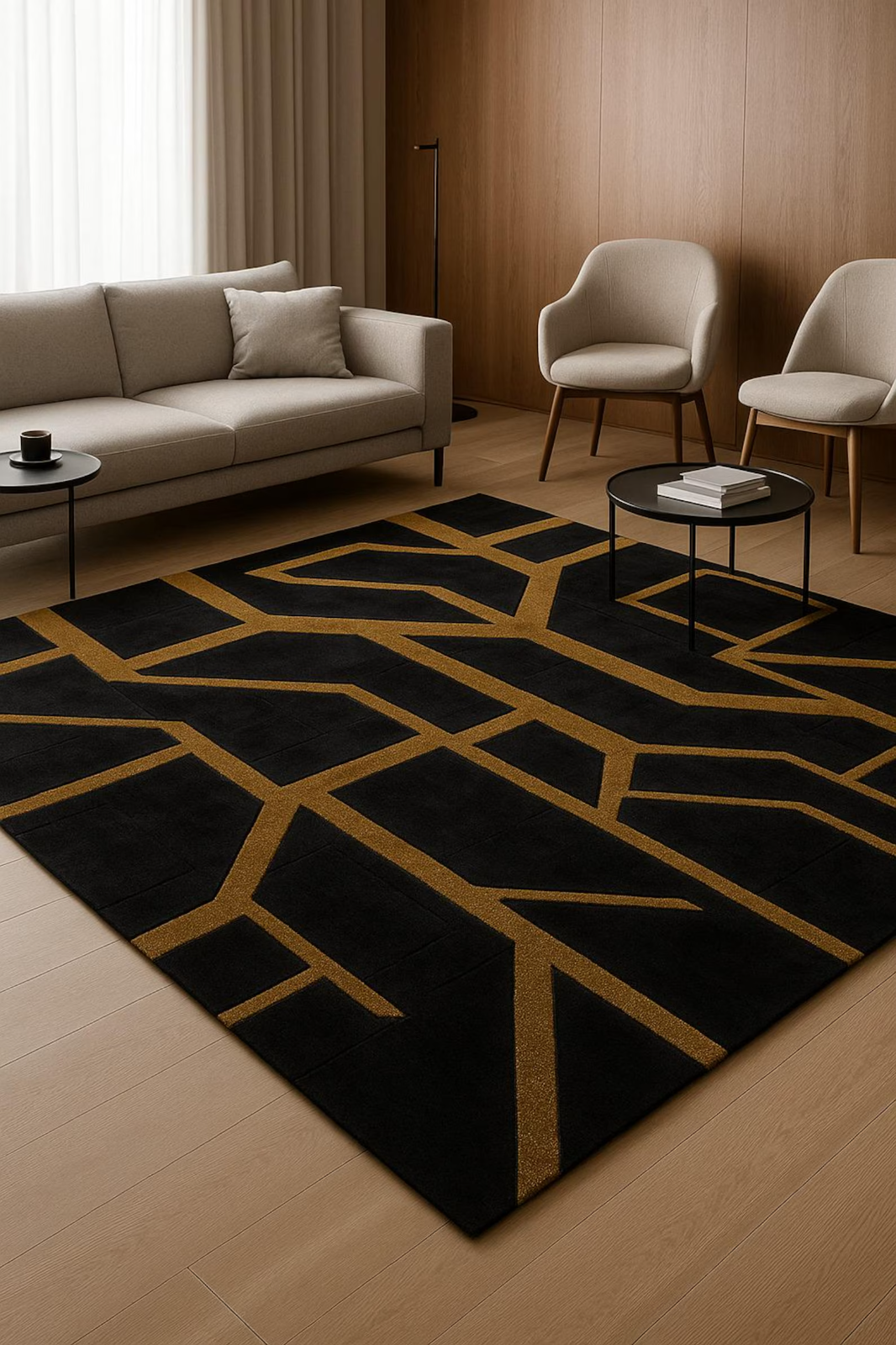 Hand-Tufted Black & Gold Geometric Wool Rug | Modern Luxury Area Carpet