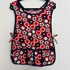 Vintage Mod Floral Geometric Cobbler Apron Red Blue White Smock Pockets 70s Gift