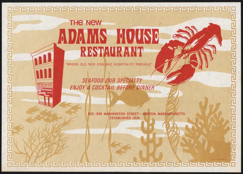 Vintage placemat THE NEW ADAMS HOUSE RESTAURANT lobster pictured Boston Mass