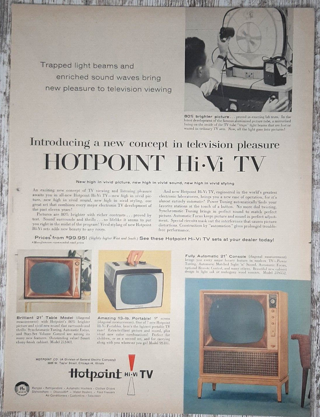 1956 Hotpoint Vintage Print Ad Television TV Console Portable Bright Picture