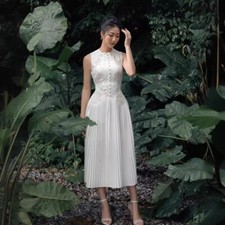 2025 Summer Style White Lace Embroidered Short Sleeved Long Dress Pleated Skirts