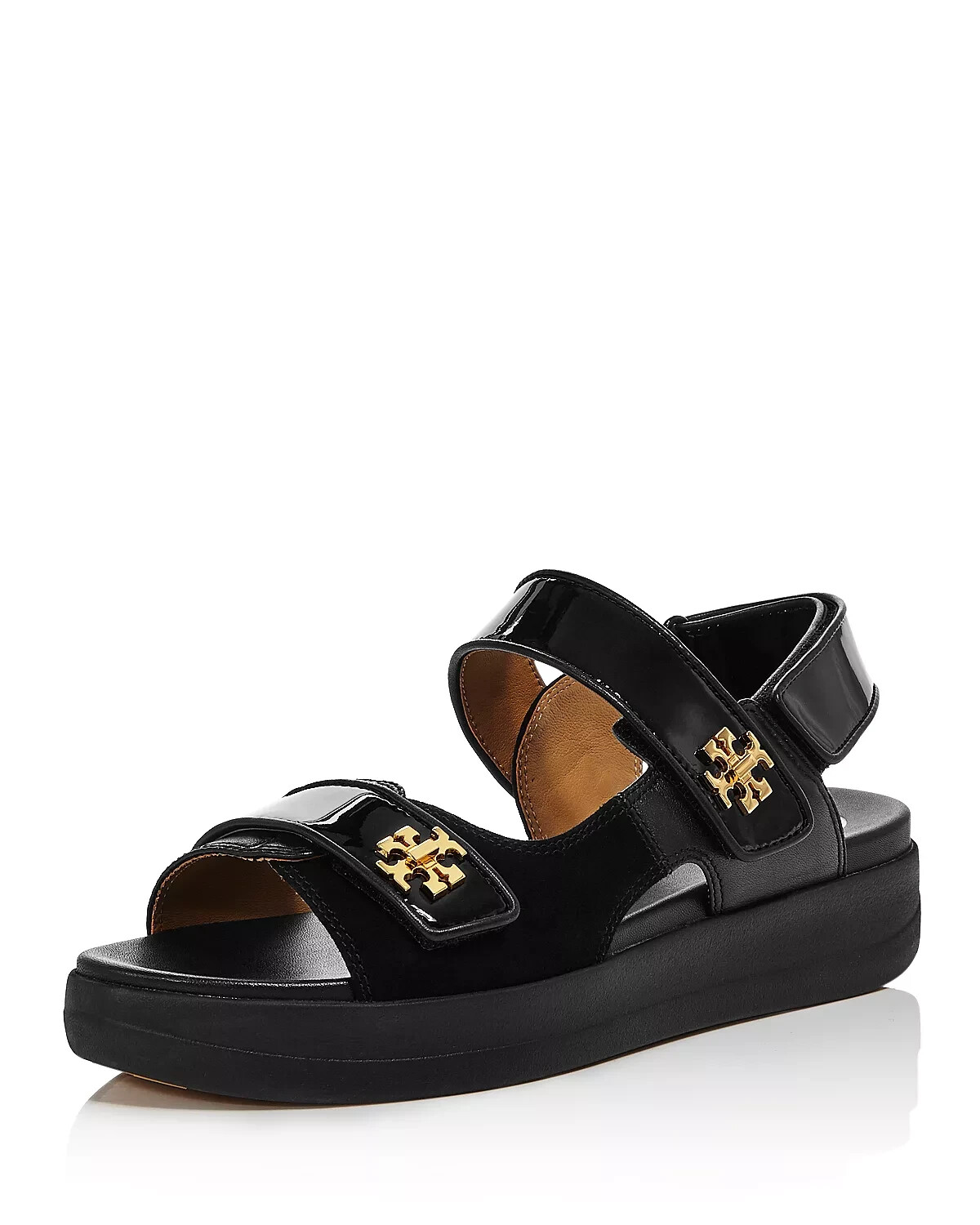 Tory Burch Kira Dad Sandals Black Patent Leather 3 Strap Gold Logo Women's  9 | eBay