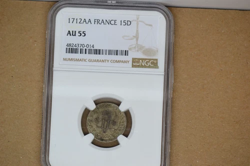 1712-AA French Colonies 15 Deniers.   NGC AU-55.   Rare!
