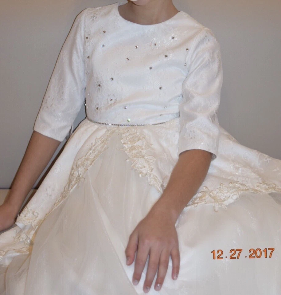 Vestido de Ocasión Especial para Niñas, 8-12 Años Vestido Swarovski, Blanco/Marfil, Manga 3/4 Foto 4 de 4