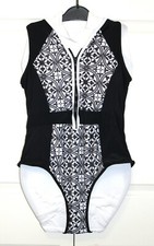 Womens Swimsuit, Bra/removable pads, Front Zip, Size XL, Black/White Accent NWOT