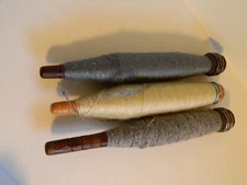 LOT of 3 Vintage Wood Industrial Textiles Bobbins Quills Spools with thread blue