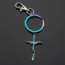 Jesus Rugged Cross Rainbow Neon Keychain Pendant Key Ring Clip