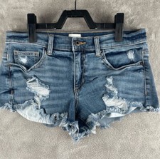 Sneak Peek Womens Distressed Denim Shorts Blue Mid Rise Frayed Hem Size Small