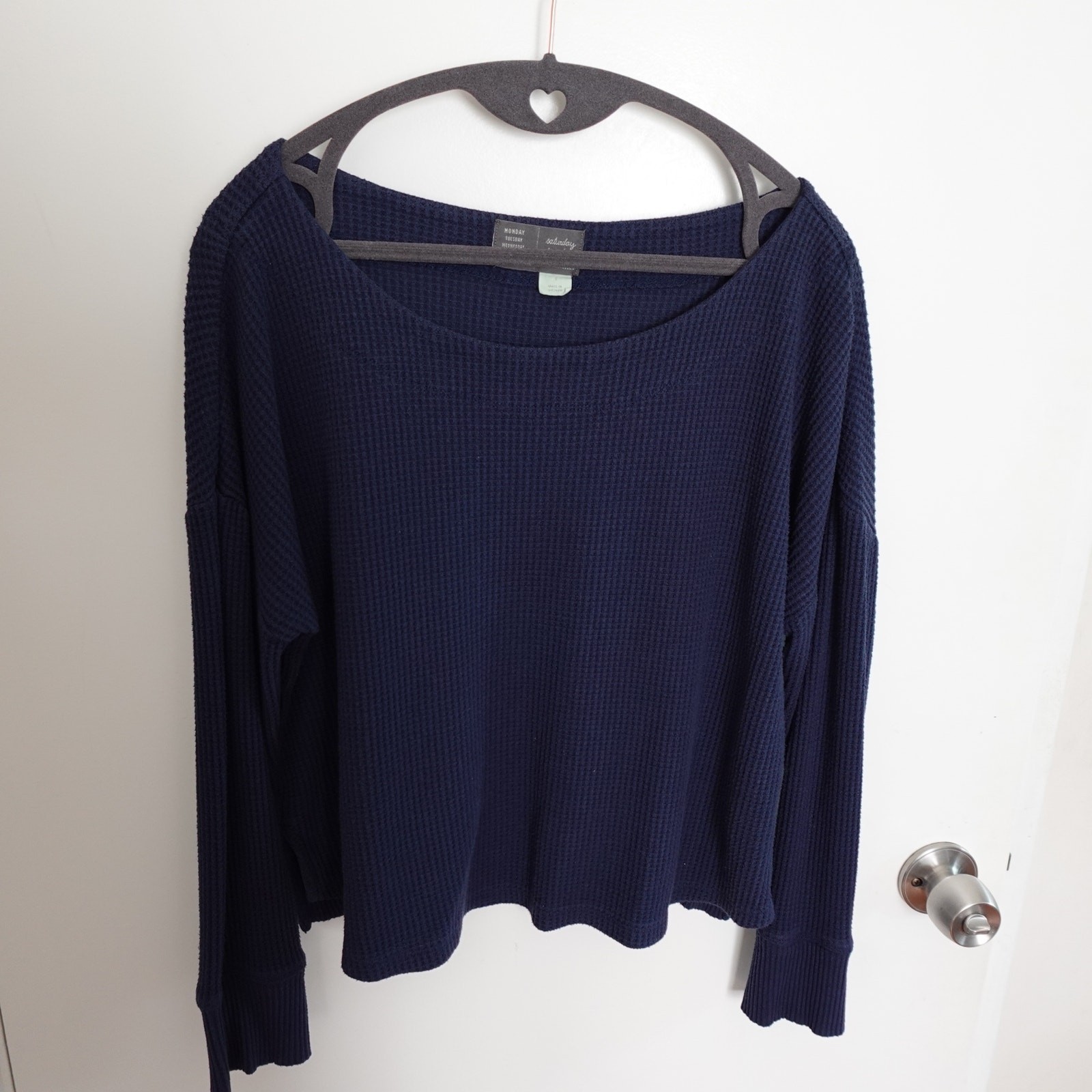 Saturday Sunday Anthropologie Sweater S Blue Waffle Knit Cropped Scoopneck Boxy