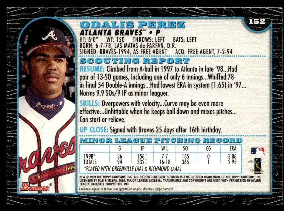 1999 Bowman Odalis Perez Atlanta Braves #152 - Image 2 of 2