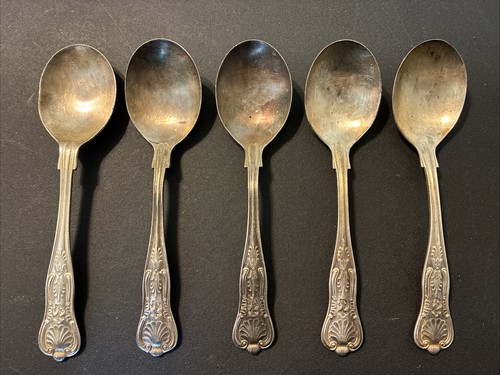 5 Vintage US Navy Silverplate 7 1/4” Soup Spoons Kings Pattern Int'l Silver Co