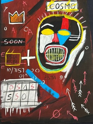 basquiat drawing and painting on old paper signed stamped vintage