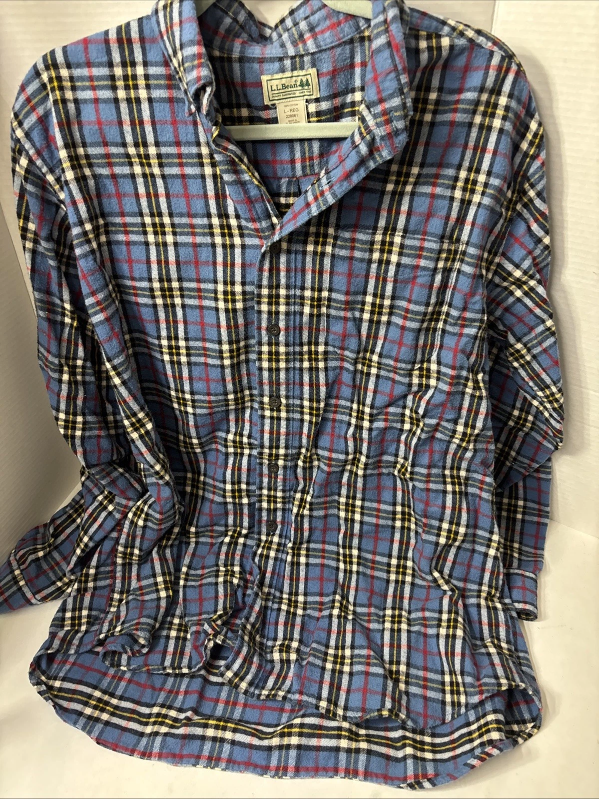 LL Bean Flannel Shirt Men’s LG Blue Red Yellow Plaid Button Down Outdoors