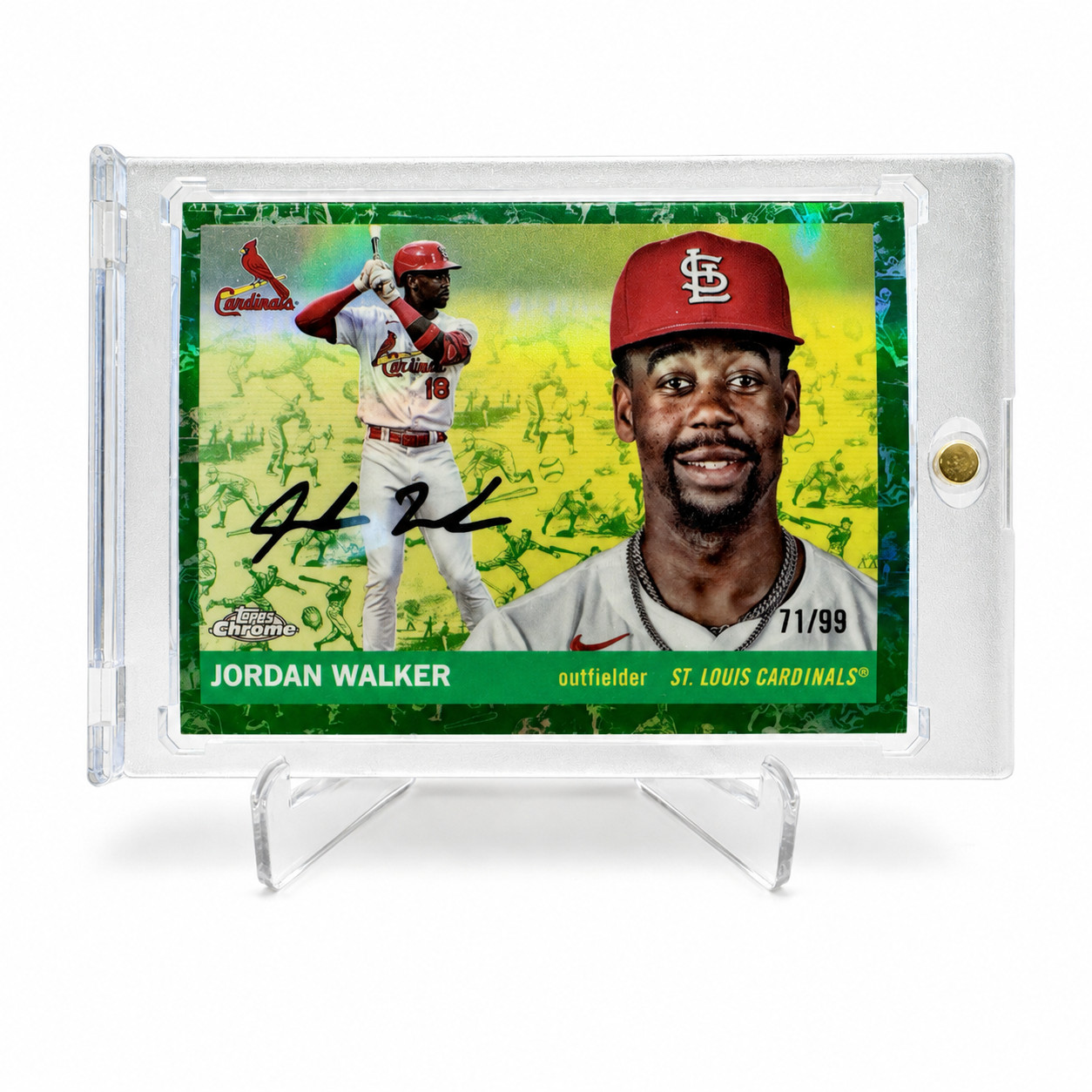 2025 Topps Chrome Platinum Jordan Walker #128 White Green Toile /99 Cardinals