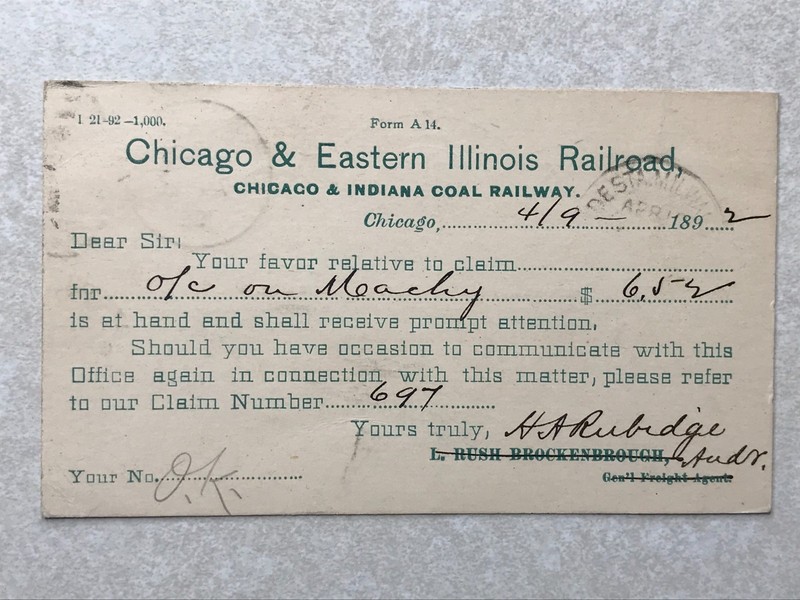 P511 Vintage Postcard Postal Card Chicago & Eastern Illinois Railroad 1892