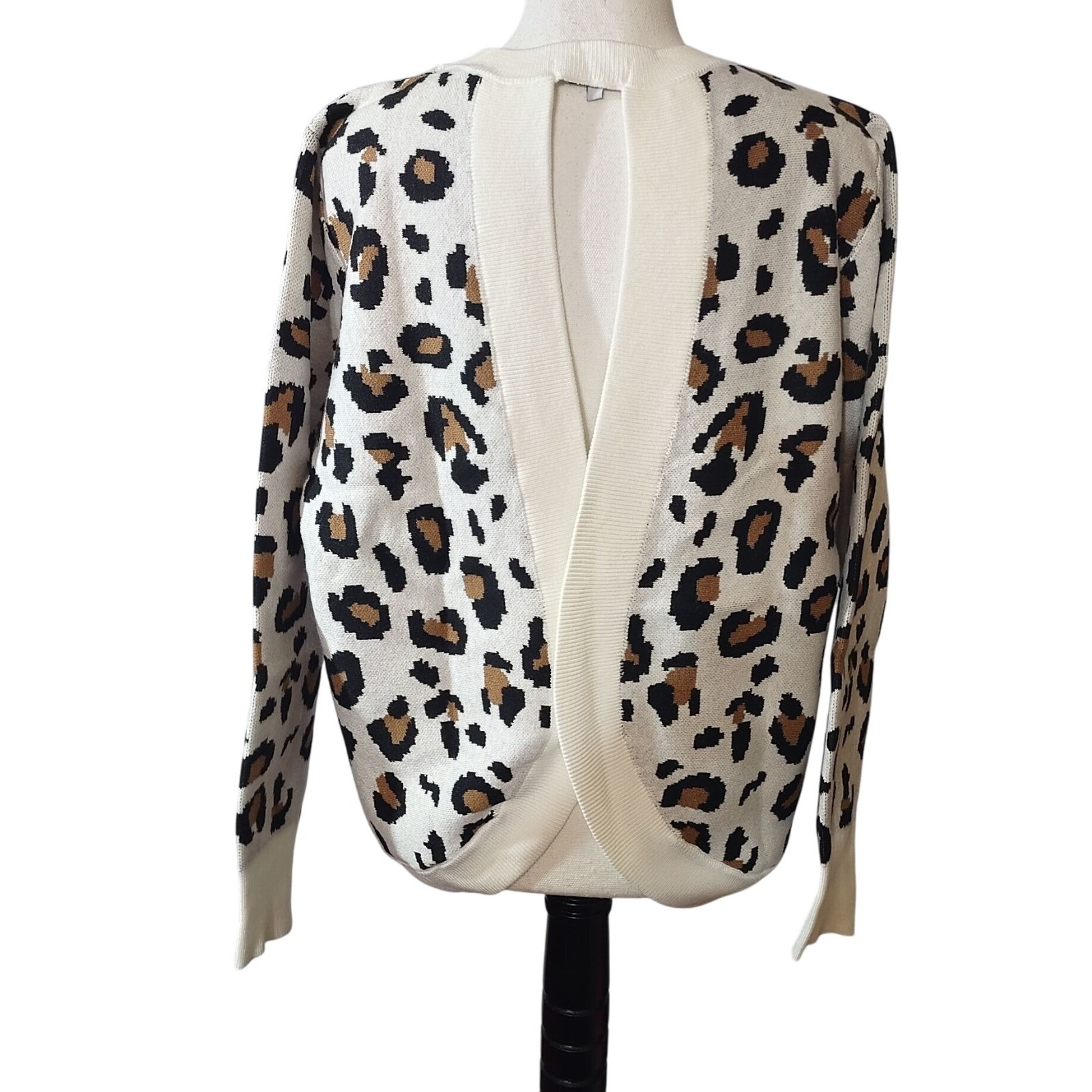 Leopard Print Open Back Sweater Long Sleeve Beige & Brown Lightweight-SIZE: 2XL*
