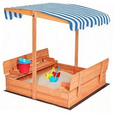 Kids Wooden Sandbox with Cover - Foldable Bench Seats - Natural Wood - 01