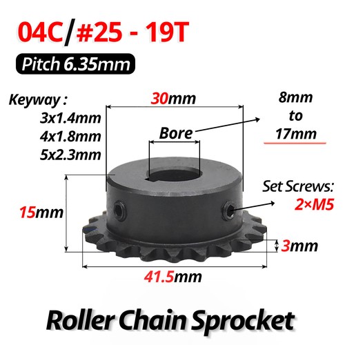 #25 Roller Chain Sprocket With Keyway 04C 13T-40T Tooth Bore 8-30mm Pitch 6.35mm - Picture 17 of 32