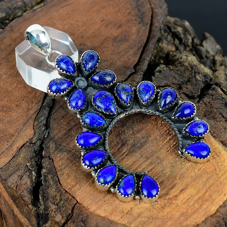 Gift For Her Lapis Lazuli Gemstone Sterling Silver Handmade Navajo Pendant 3.00" - Imagem 4 de 4