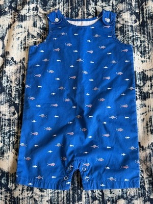 Crown & Ivy Baby Royal Blue Fish American USA Print Rare Romper Boys Size 18M