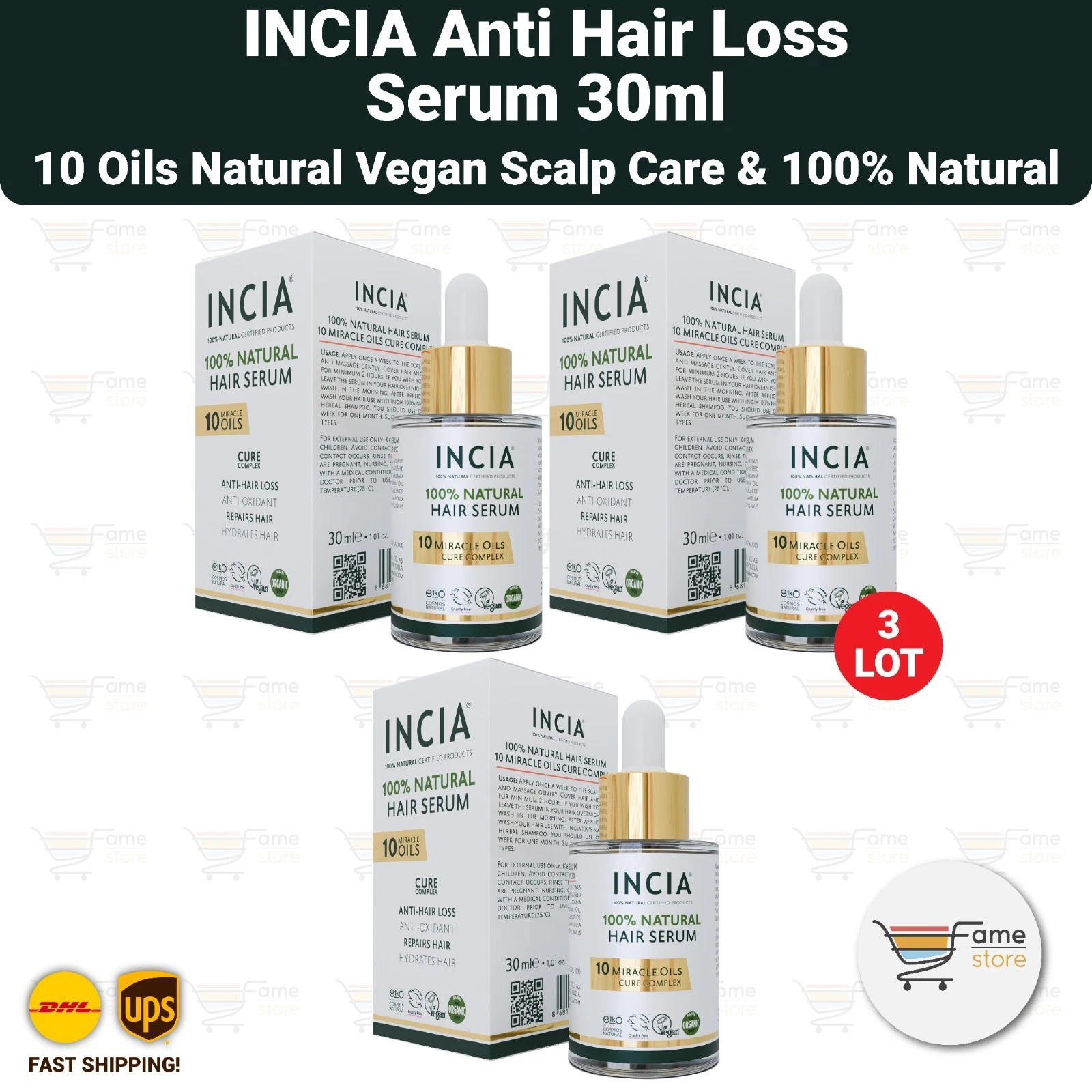INCIA Anti Hair Loss Hair Serum 10 Oils Natural Vegan Scalp Care 30ml - 3 LOT