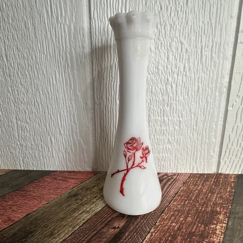 Hazel Atlas Milk Glass WhiteBud Vase w Double Red Rose Design Vintage