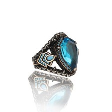 925 Sterling Silver Blue Topaz Stone Men Silver Ring, Handmade Engraved Men's